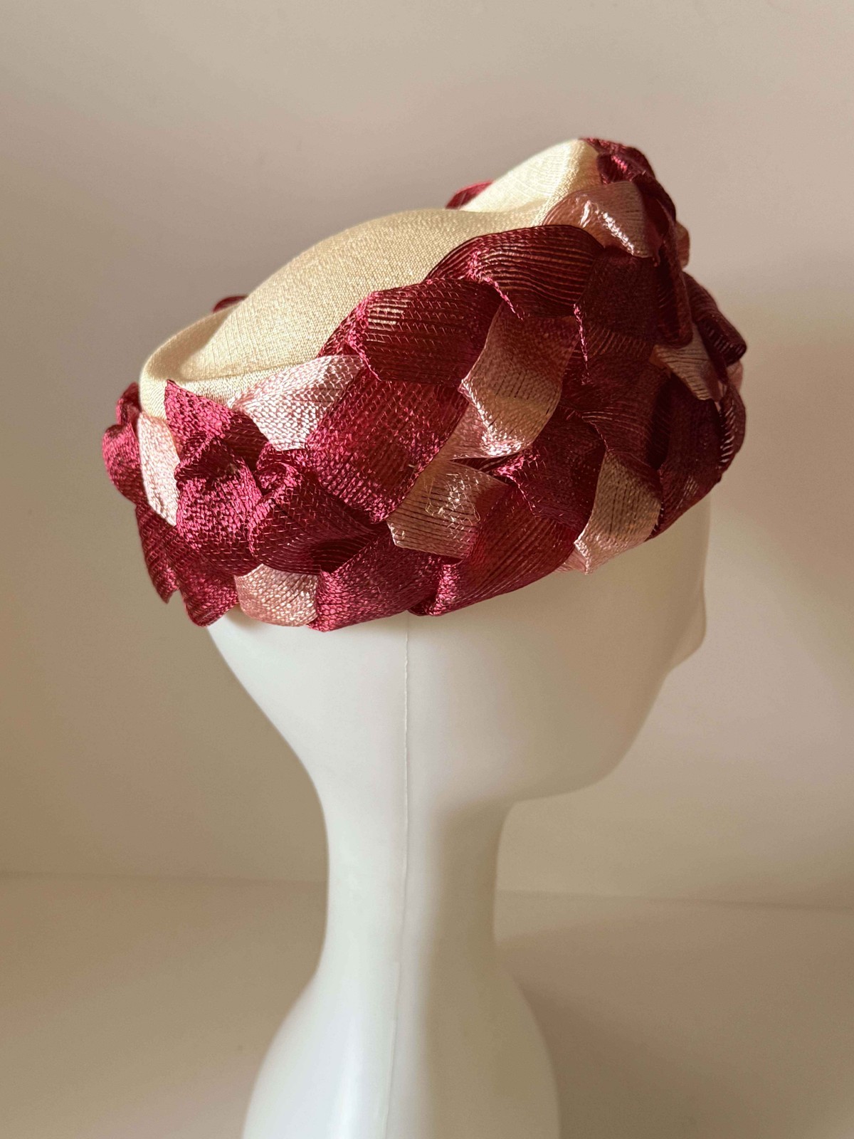 Vintage Burgundy & Blush Pink Woven Ribbon Pillbox Hat | 1960s Sculptural