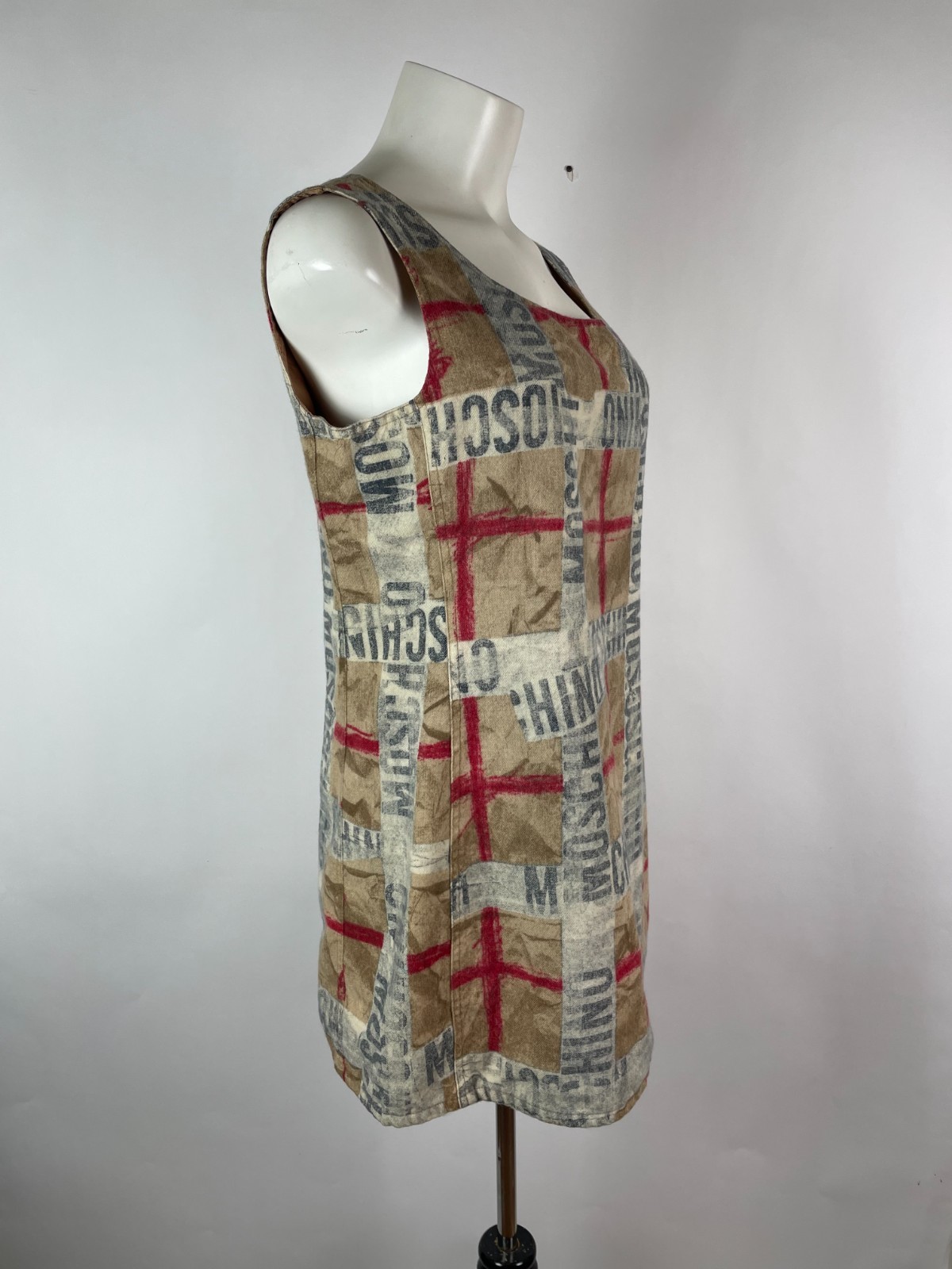 Vintage 90s MOSCHINO Plaid logo lettering mini dress wool 44 Italy DAMAGE