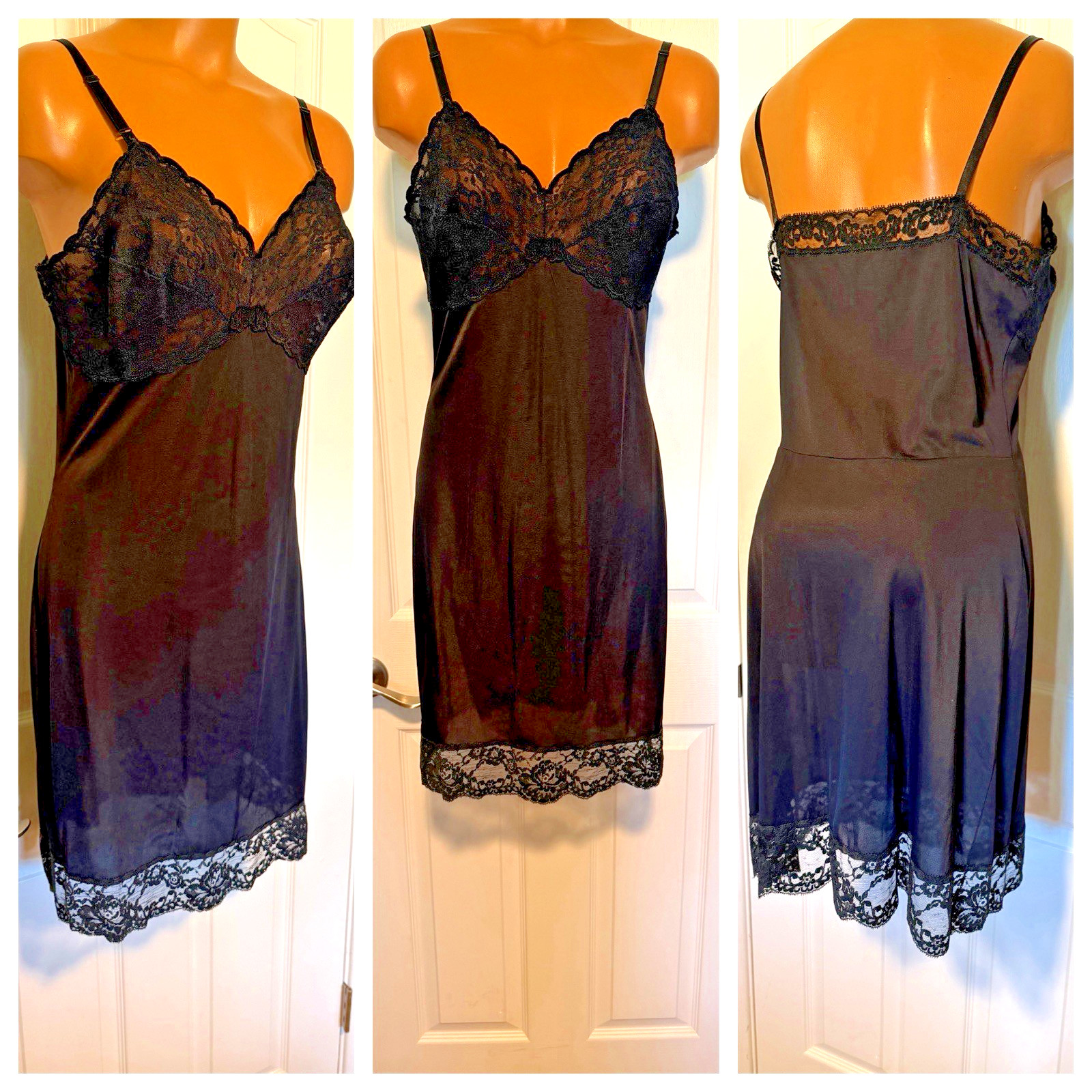 VTG 1960’s WARNERS BLACK W/ SCALLOPED LACE TRIM FULL SLIP SZ 36