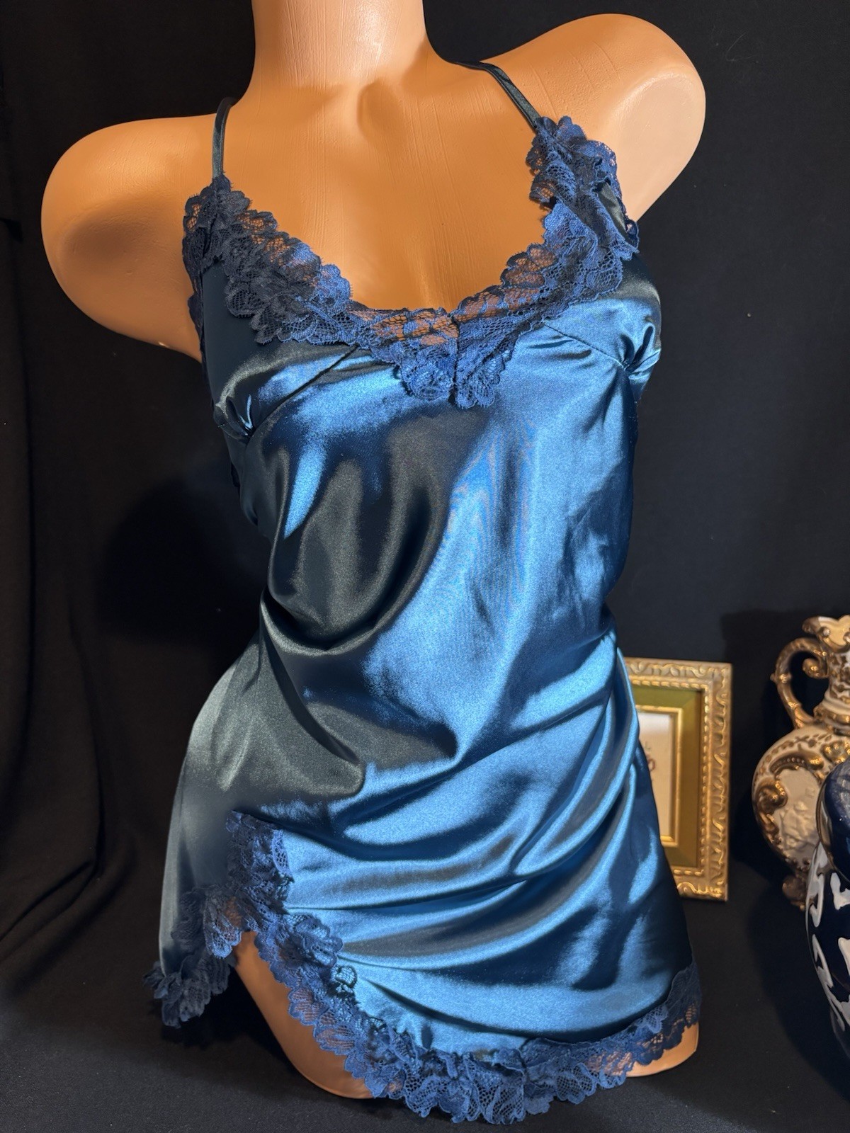 Vtg Satin Shiny Blue Nightie Gown Dress Sexy Frilly Lace Nightgown Babydoll 40″