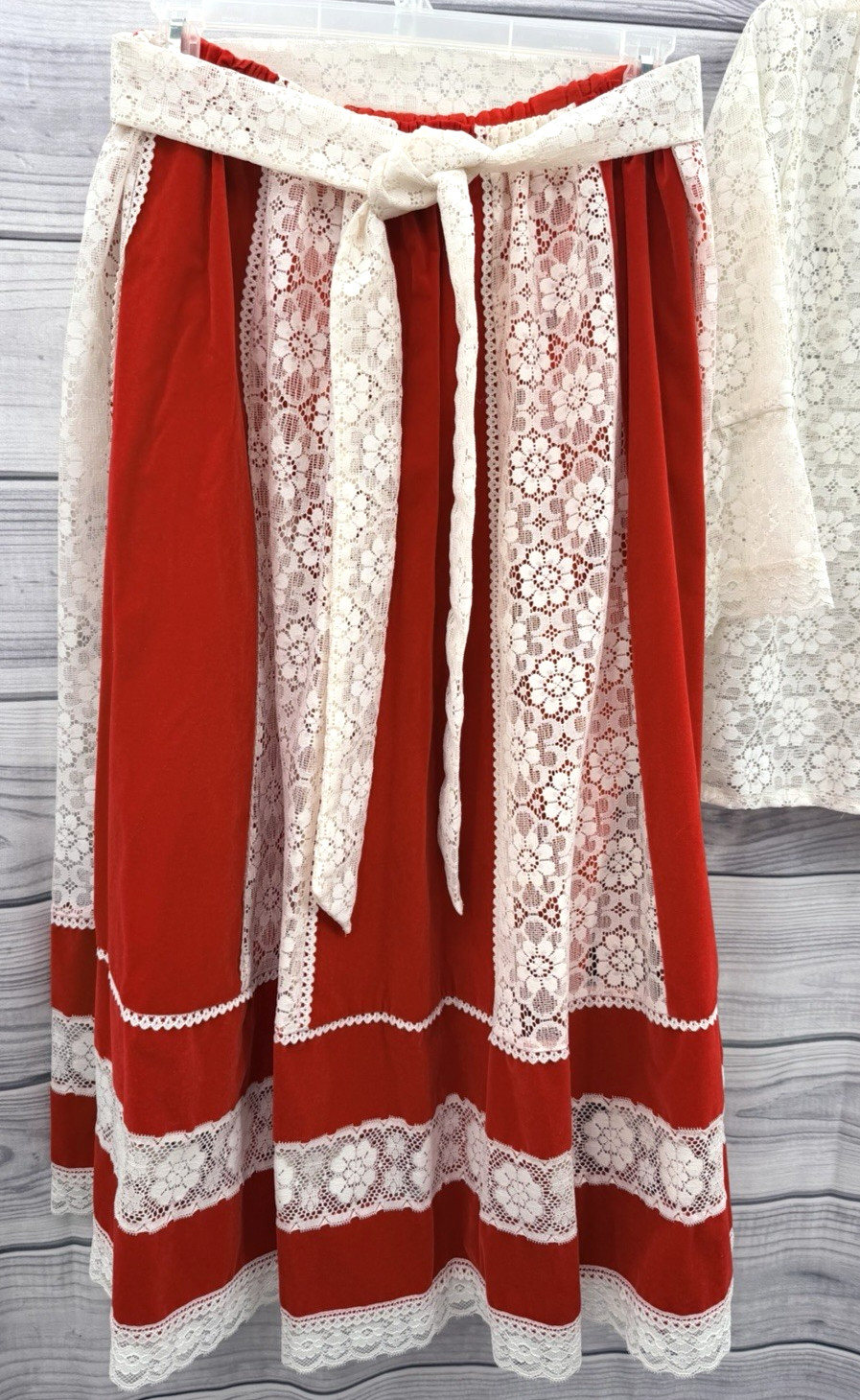 VINTAGE CAREFREE FASHIONS RED VELOUR & LACE SKIRT AND LACE BLOUSE – SIZE MEDIUM