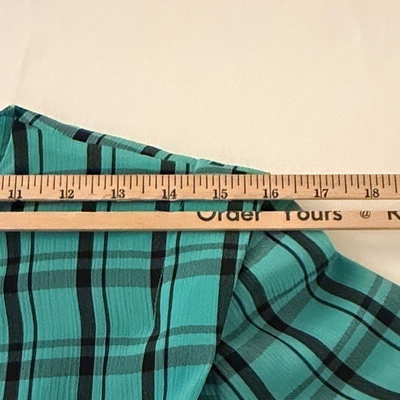 Leslie Fay Petite Vintage Teal Black Plaid Pleated Midi Dress 14P Short Sleeve