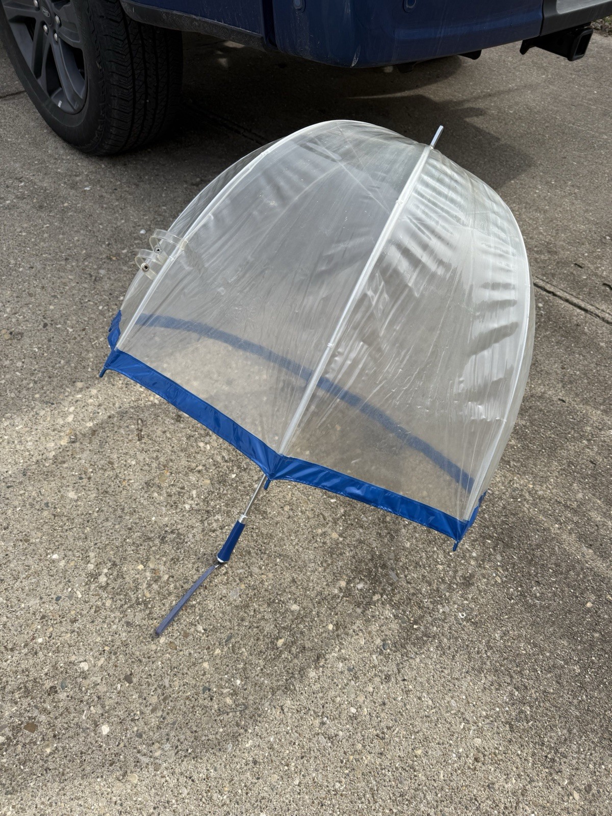 Vintage Clear Plastic Bubble Umbrella w/ Blue Trim and Blue Handle