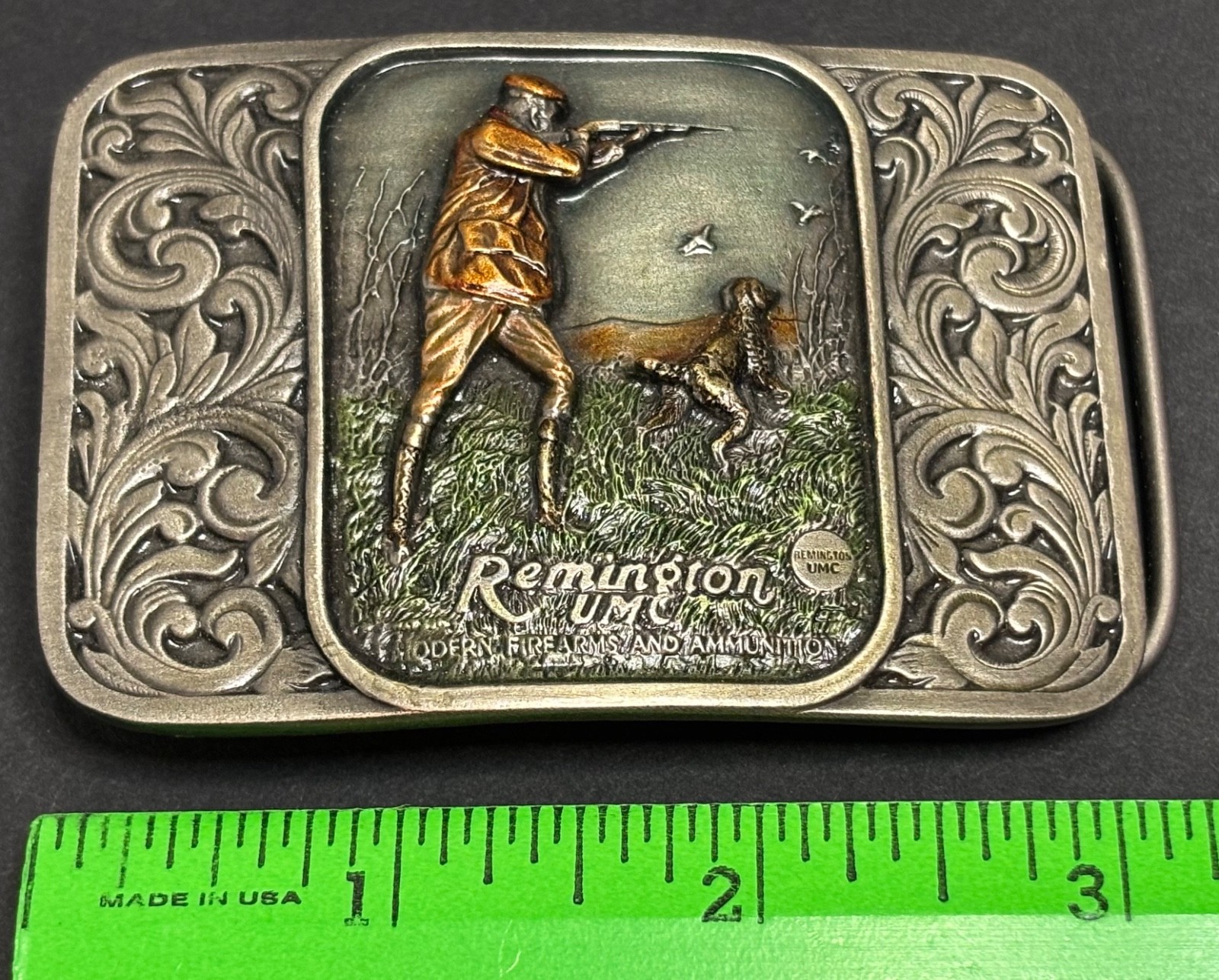 Remington UMC Sculpted Bergamot G-400 Enameled Pewter Belt Buckle USA