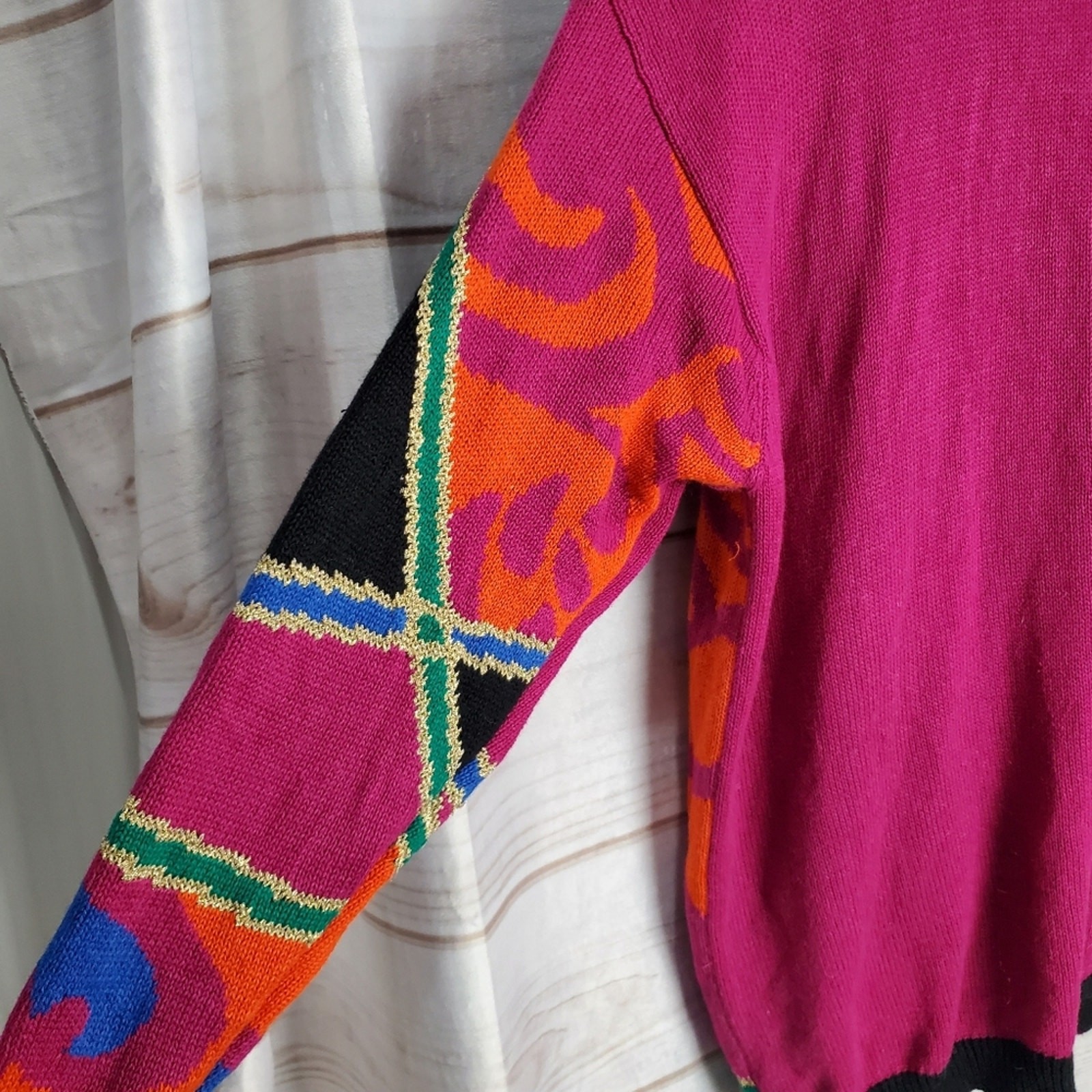 Vintage Colorful Sweater Womens Medium Bright Pink Knit Beaded Glam Rock 90s