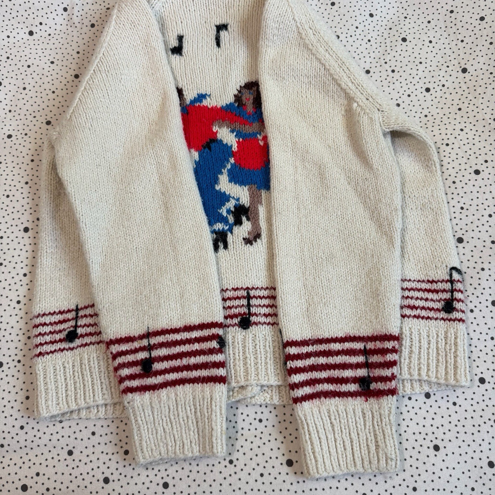 Vintage 1970s Knit Cardigan Sweater Women’s Medium (20×22.5) Music Dance Artsy