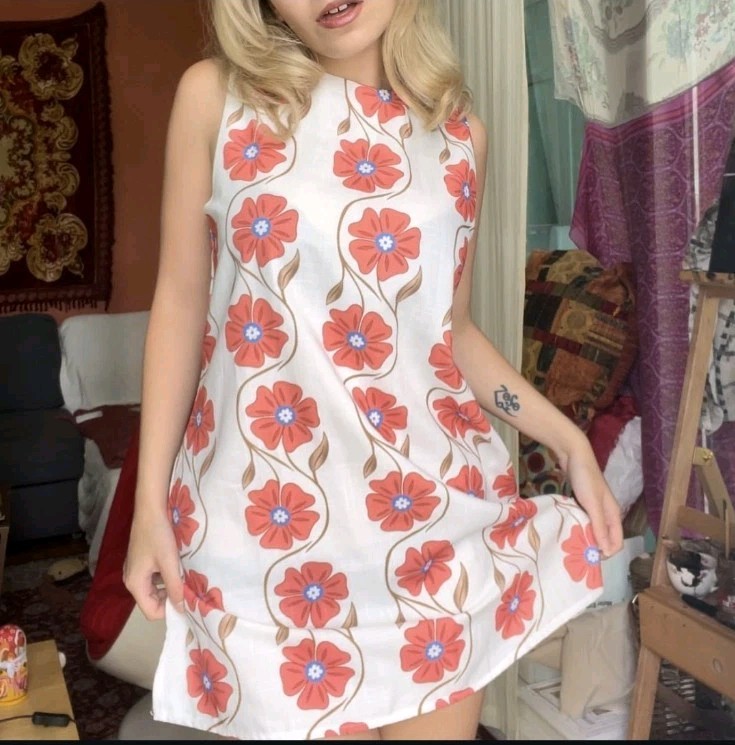 Vintage 60s 70s Mod Flower Power Mini Dress Retro Floral A-Line Shift Dress US 8