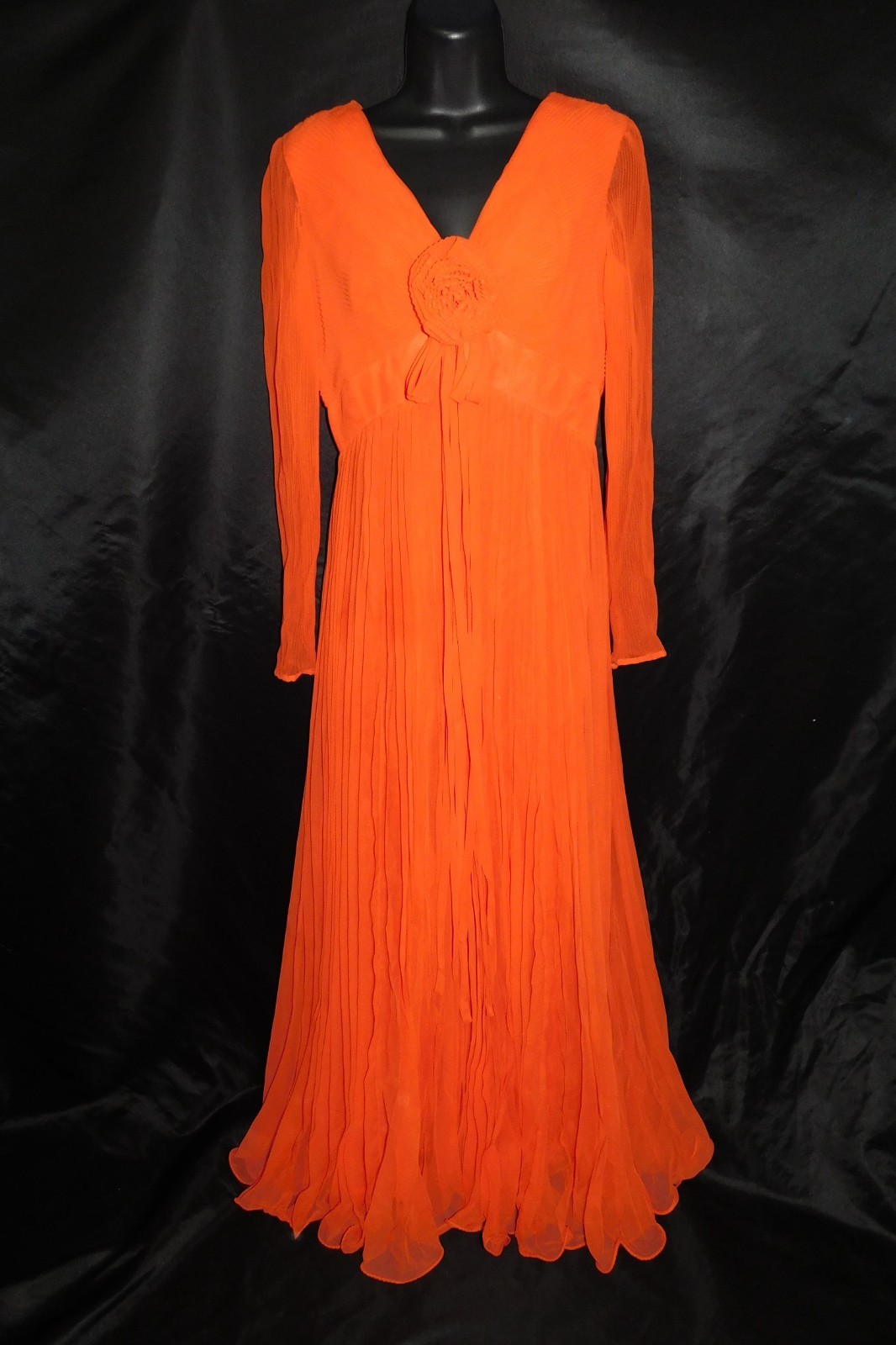Vintage 60s Miss Elliette S Orange Pleated Maxi Dress Empire Rosette Sheer Sleev