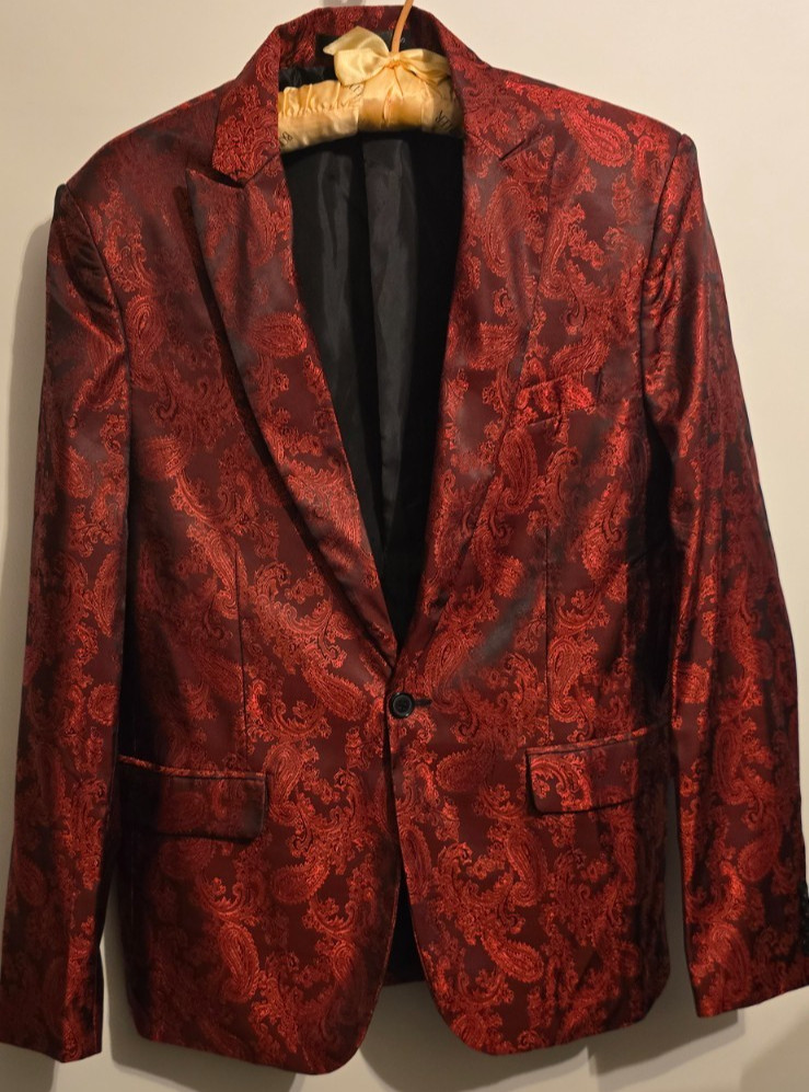 Vintage Men’s Component Smoking Jacket Tuxedo Size S Paisley Foil Brocade Red