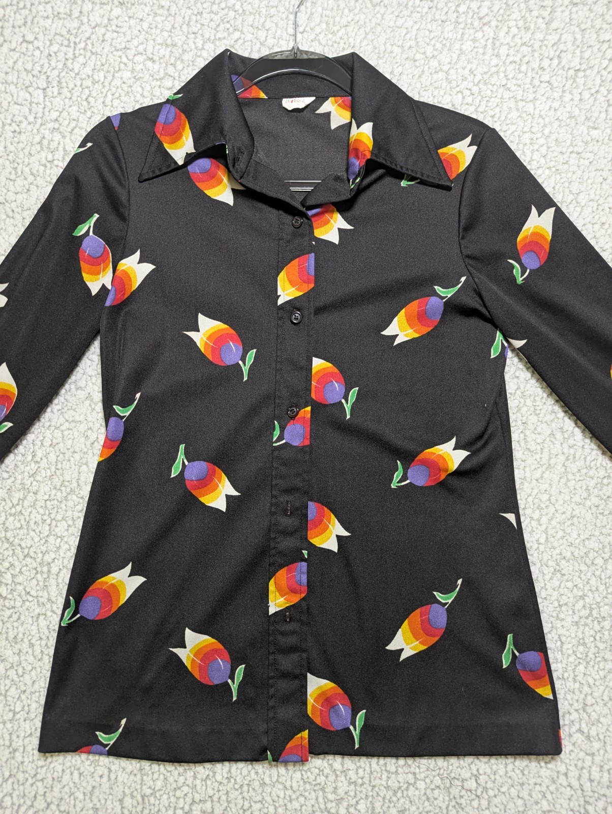 Vintage Aileen Rainbow Tulip Novelty Print Button Up Blouse Size 12 Retro Art