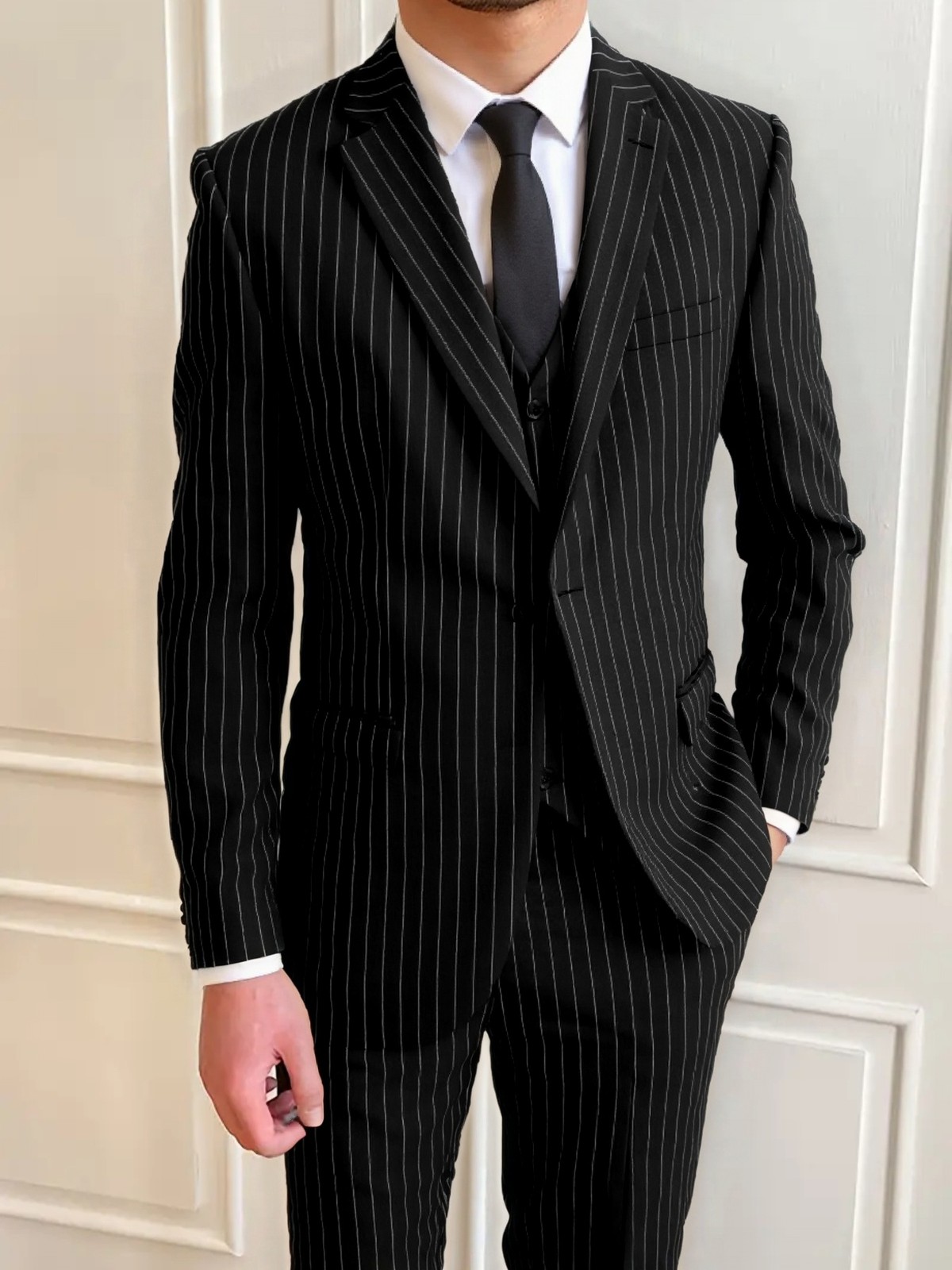 Men’s Regular 3Pcs Pinstripe Suit Waistcoat Smart Casual Business Wedding Wear