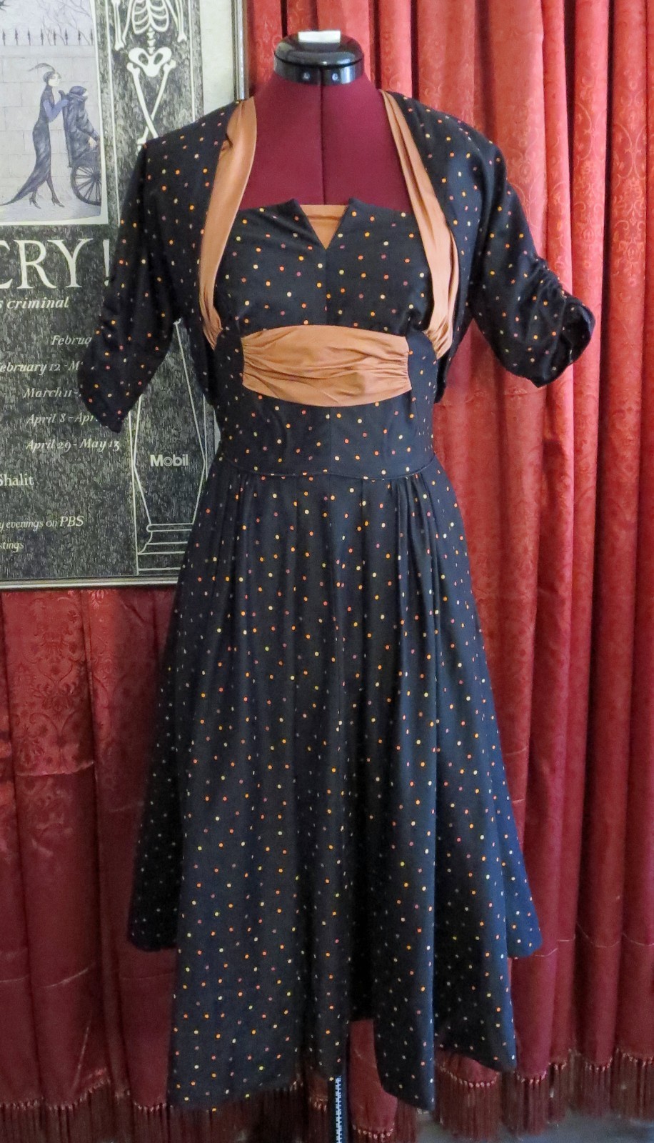 1950s Black and Orange Polka Dot Halter Party Dress with Bolero Marjae Miami XXS