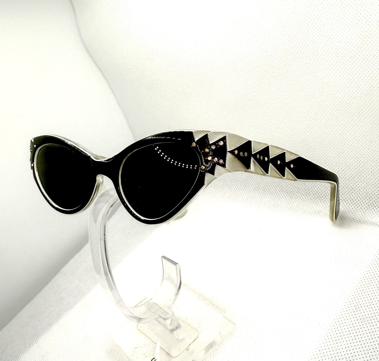 Vintage Swank France Pearl White Swank Frame Cat Eye Sunglasses With Rhinestones