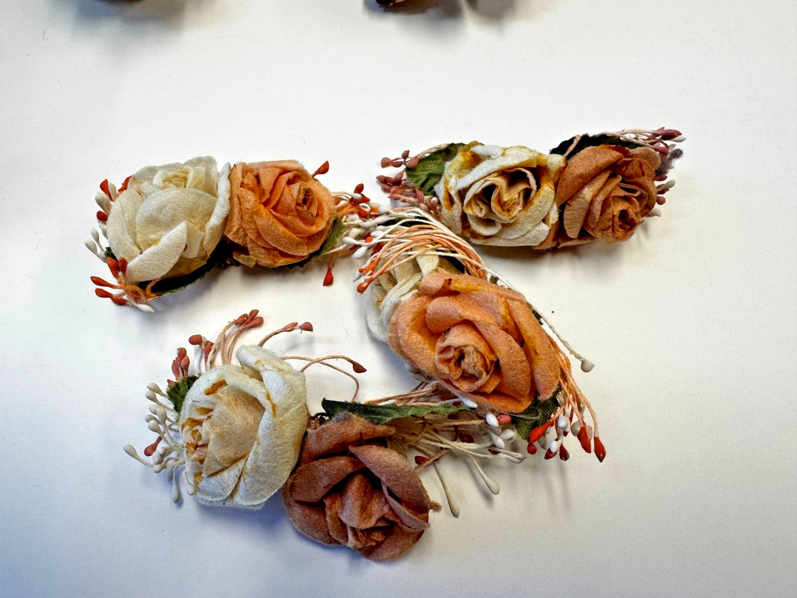 Lot of 83 assorted Vintage Fabric Millinery Flowers and Corsages, Handmade, Wire
