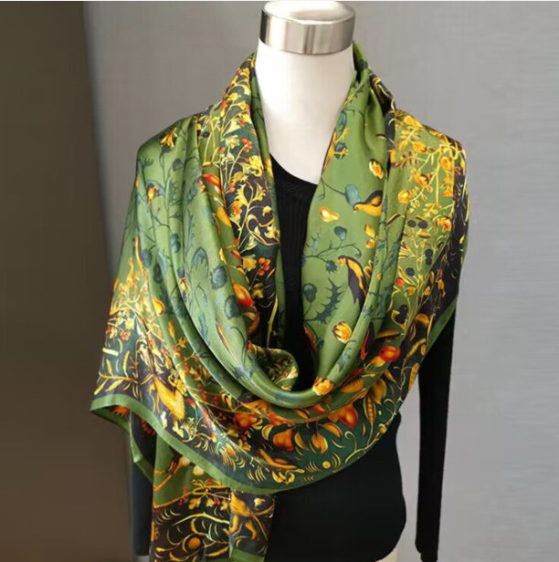 Women Square 100% Mulberry Silk Scarf Vintage Shawl Print Hand Rolled Gift 180cm