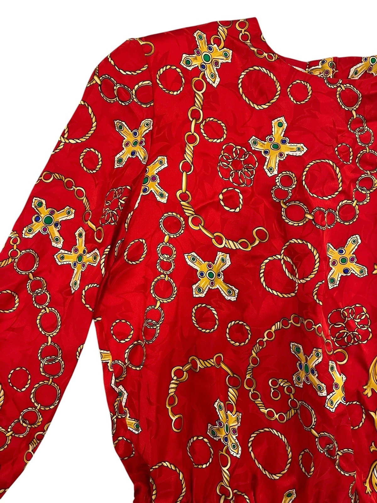 Vintage 90s Adrianna Papell 100% Silk Blouse L Red Baroque Animal Print Knit Hem