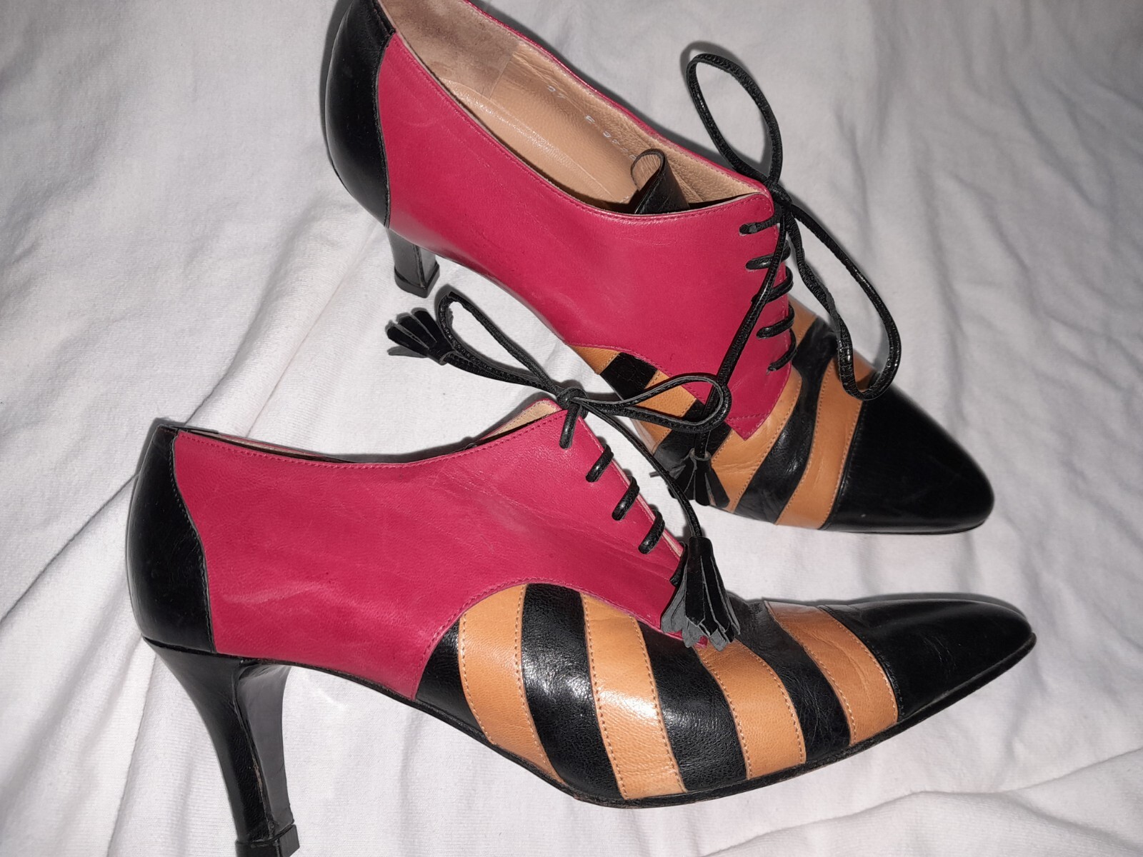Vtg 80s 90s MOSCHINO Stripe Spectator Pump Witch Heel Victorian Boot Shoe 37 6.5