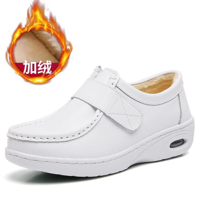Women Fur Lined Leather Work Boots Nurse Shoes Hospital Warm Nursing White Shoes