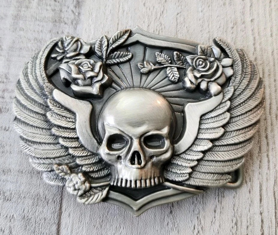 Vintage 1988 Siskiyou Born To Raise Hell Pewter Belt Buckle Skull Wings Biker