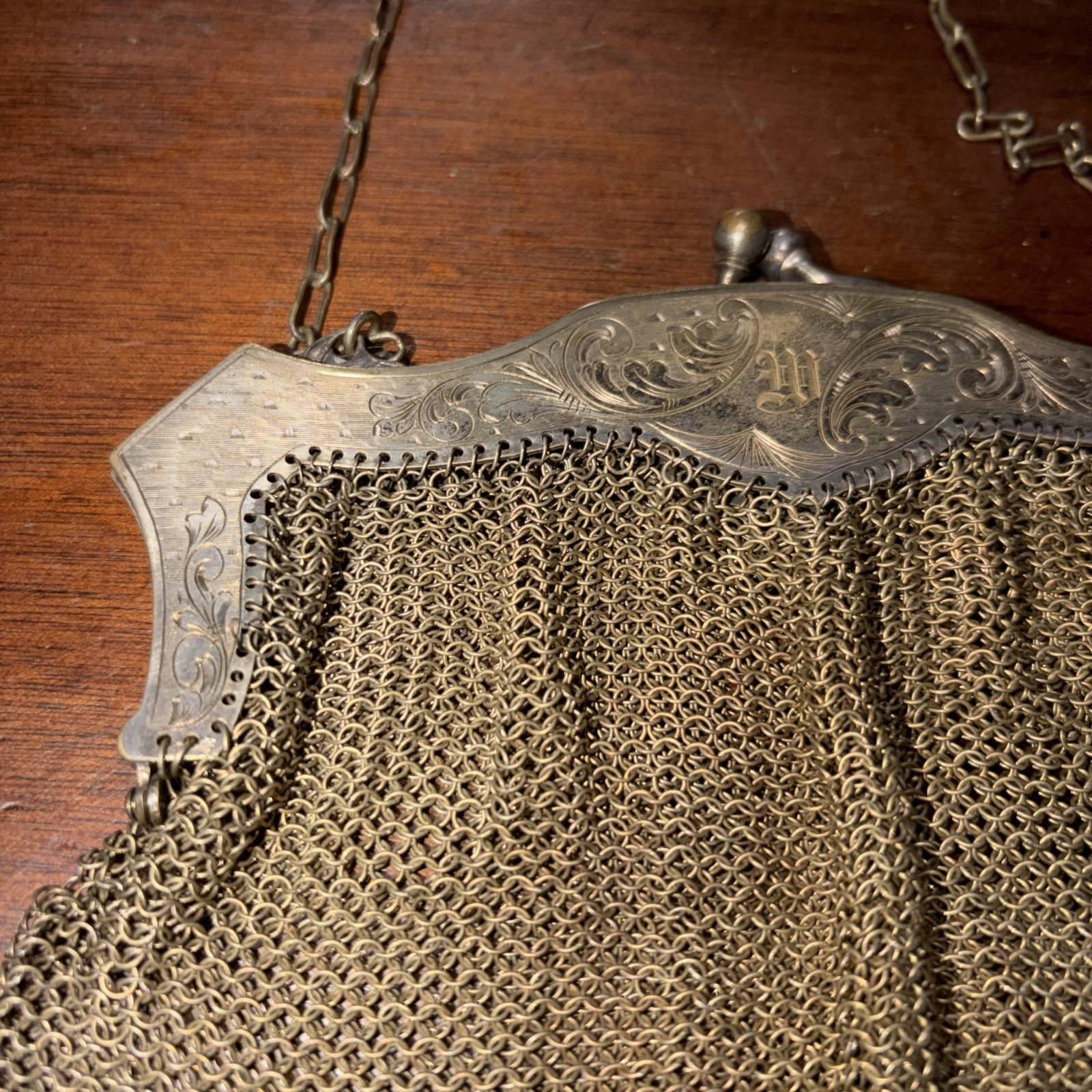 Antique Art Nouveau German Silver Mesh Chain Link Mail Purse Clutch Evening Bag