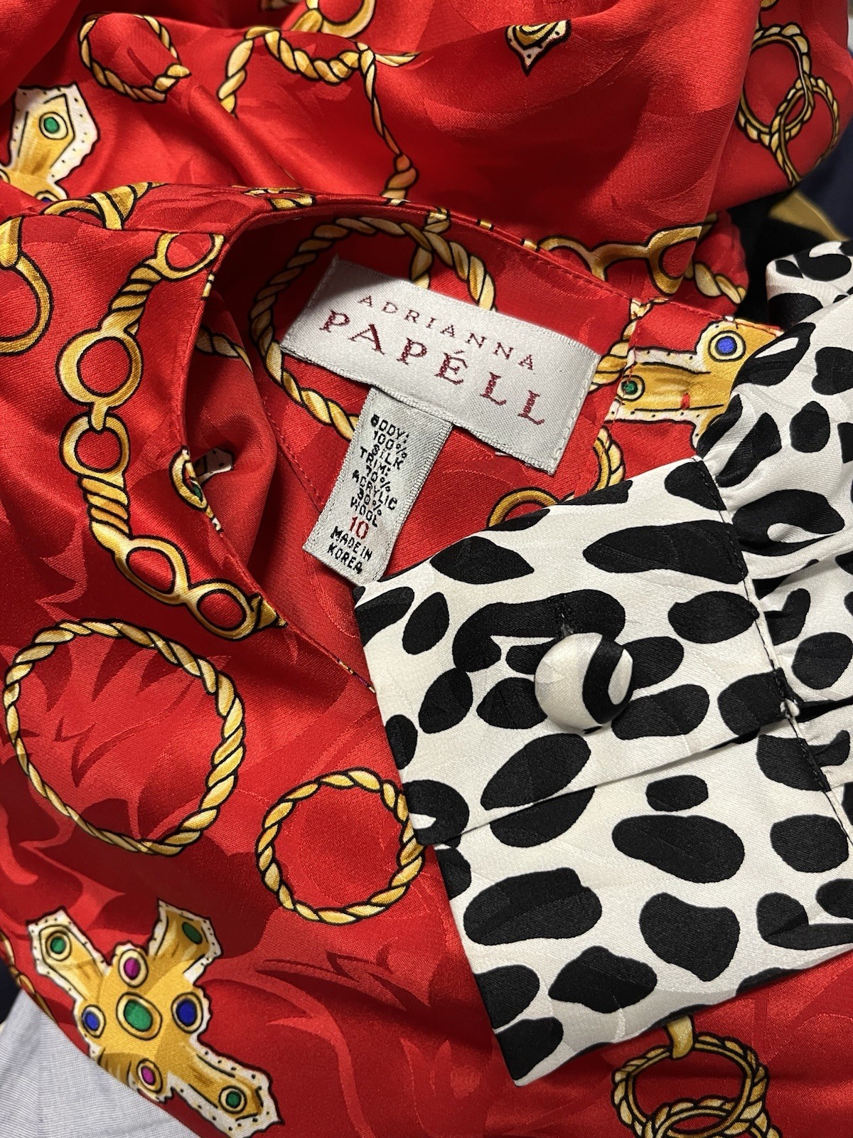 Vintage 90s Adrianna Papell 100% Silk Blouse L Red Baroque Animal Print Knit Hem