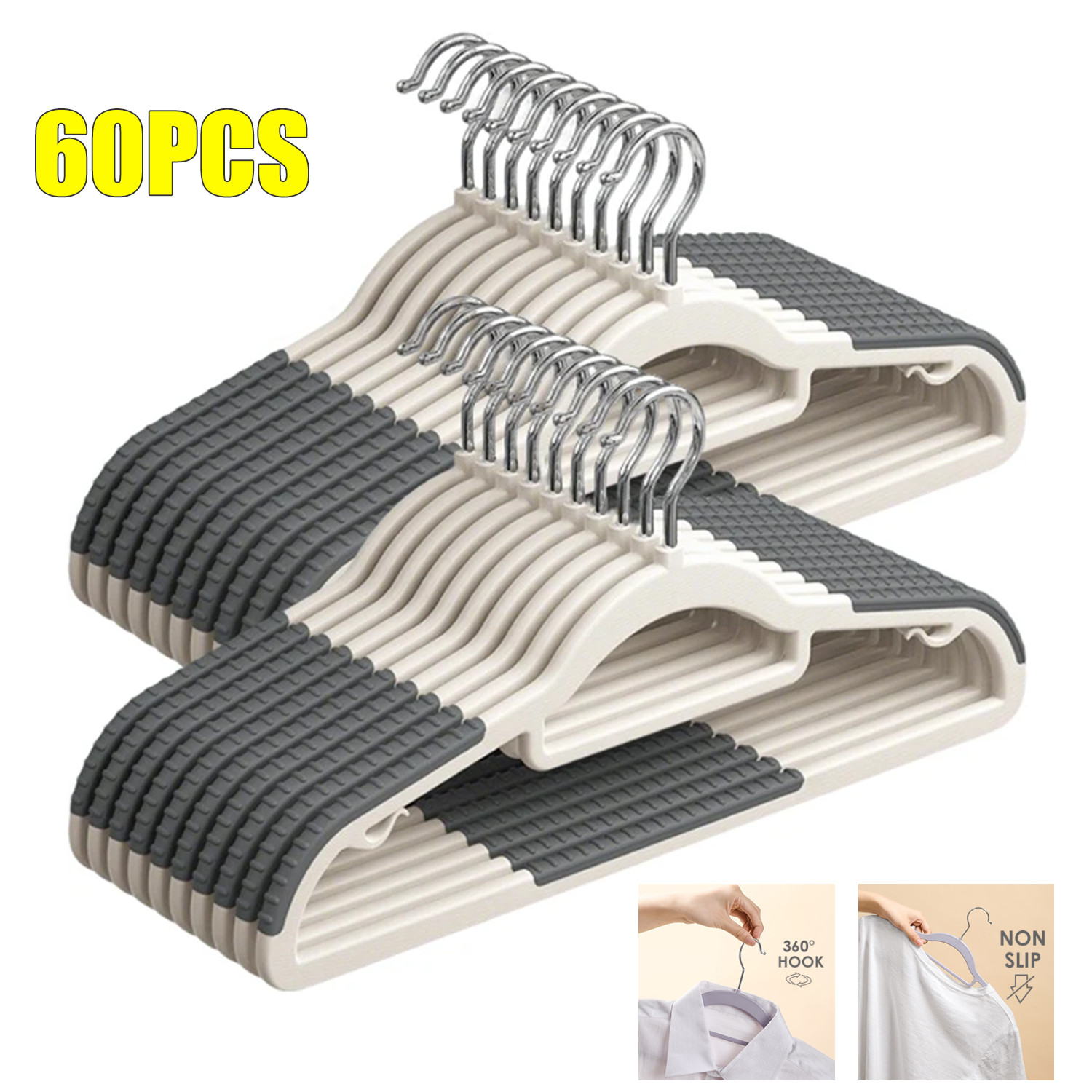 60Pack Plastic Hangers Non Slip for Clothes Coat Heavy Duty 360° Swivel Hook