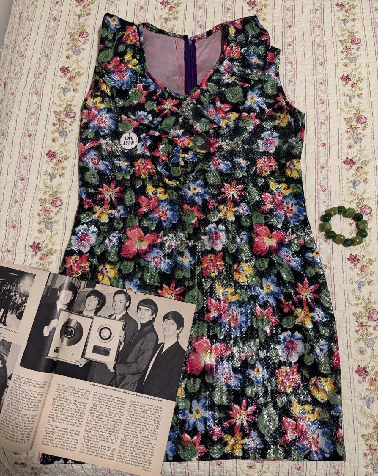 True Vintage 60s 70s Lurex Mini Dress S Black Floral Metallic Mod Party Shift