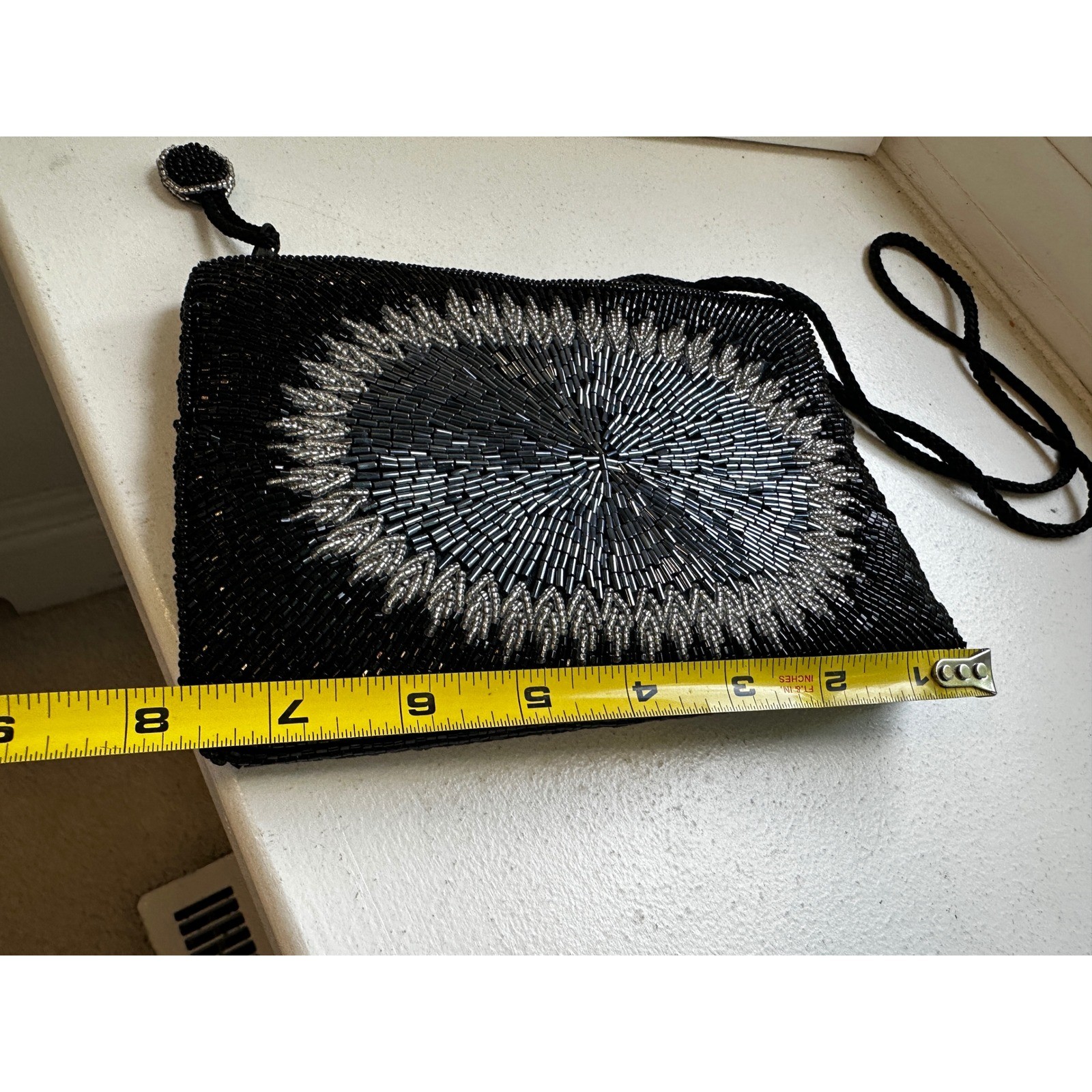 Vintage Beaded Crossbody Bag Black Silvery blue Sunburst Evening Clutch Purse