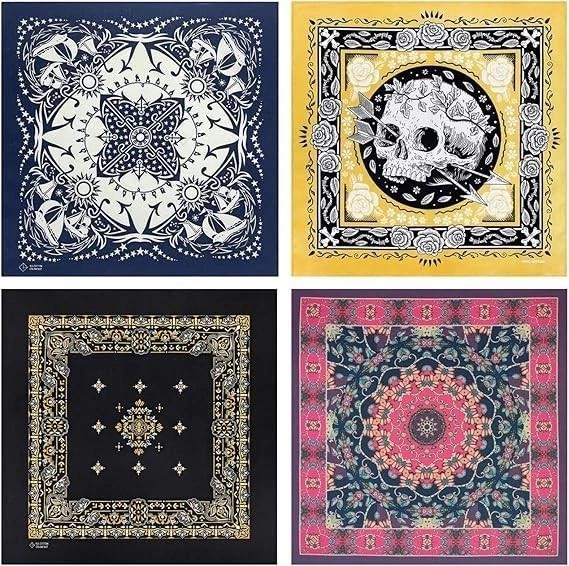 4-pack 100% Cotton Bandana Set, Vintage Graphic Print, 22×22 Inches