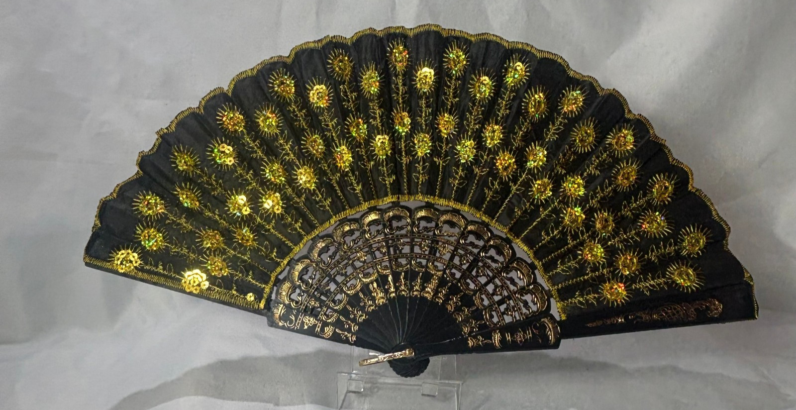 Black Synthetic Folding Fan Gold Thread & Sequins Plastic Sticks / Guards