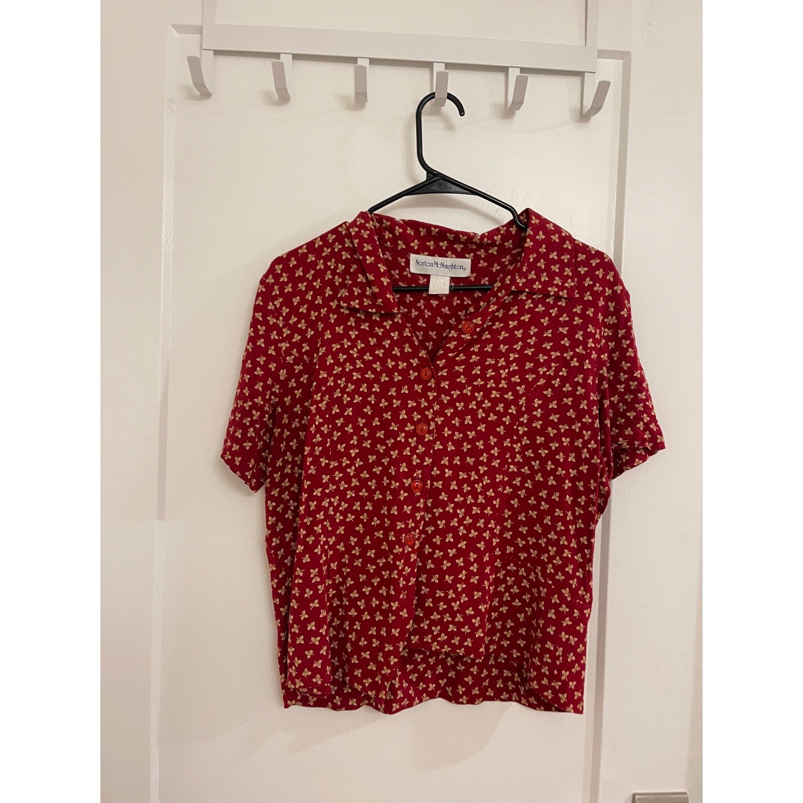 Vintage 90s Floral Red Button Up Blouse Casual Business Cottagecore GrandmaCore
