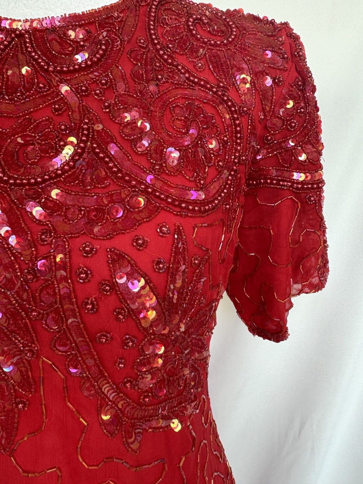 Silky Nites Cherish Red Dress Romantic Heavy Beads Silk Glittery Sexy Glam 80’s