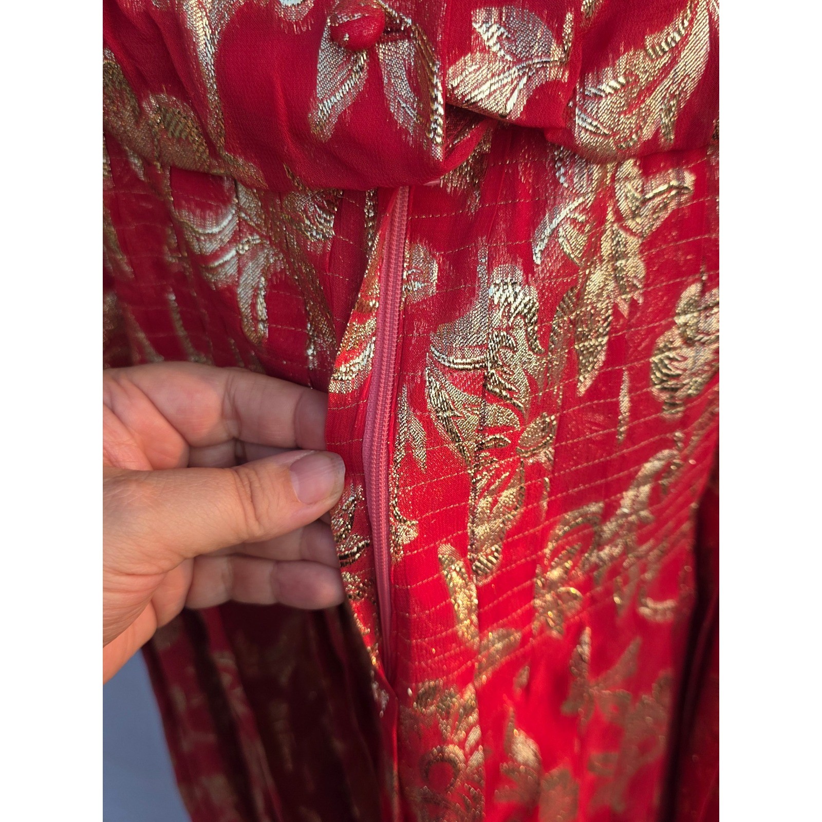 Vintage Raul Blanco Red Gold Metallic Floral Pleated Maxi Dress Evening Gown 12