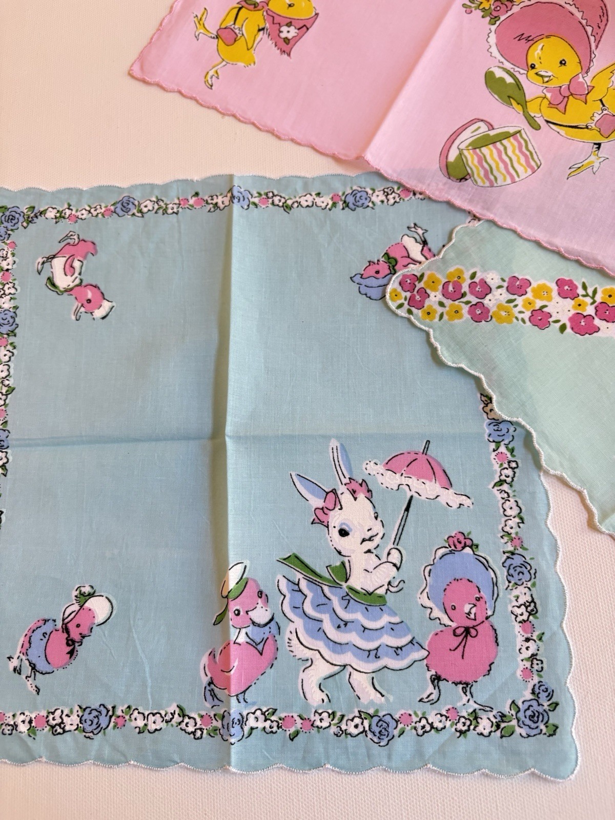 Set /3 NEW Spring Easter Bunny Handkerchiefs ~ LuRay Hankies! Special Price !