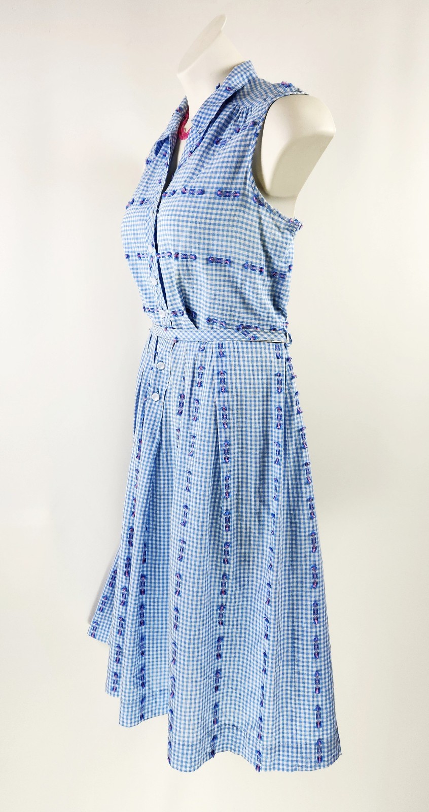 VTG 50S 60S SMALL Blue Gingham EMBROIDERED pink STRIPE ~house day work sun DRESS
