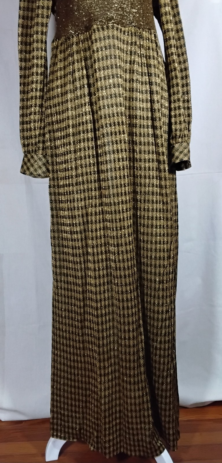 Vtg 60s 70s Tannel Knits Gold & Black Maxi Dress Long Sleeves Sz 12 USA