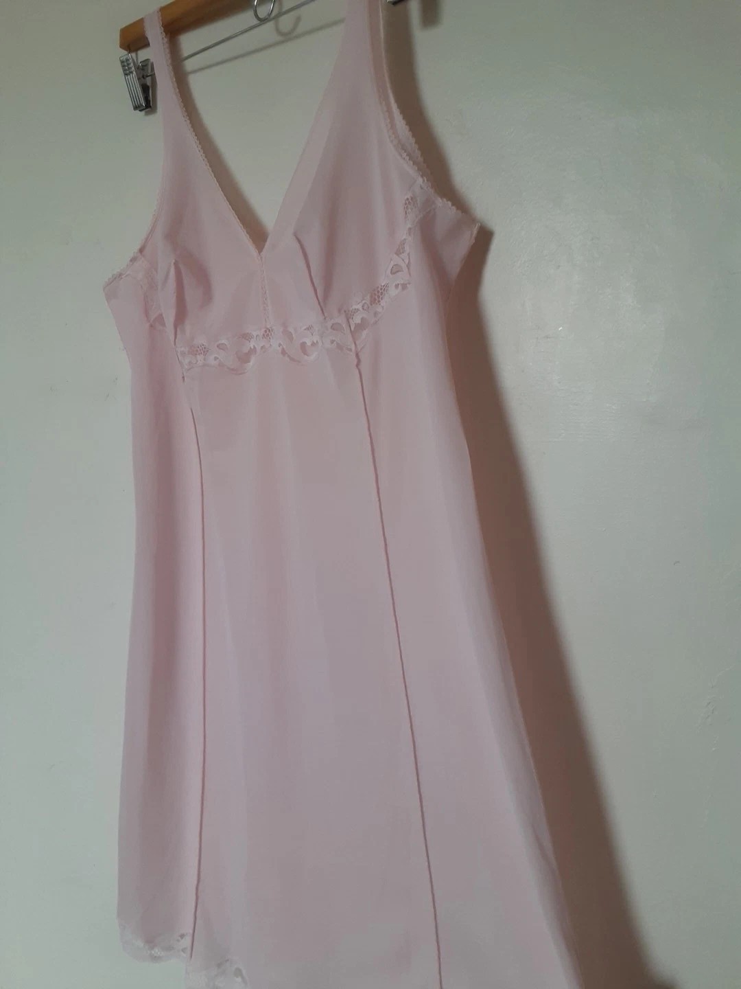 Vtg Pflegeleicht 46 M-L Pink Night Dress Slip Synthetic Lace Lingerie Knee Europ
