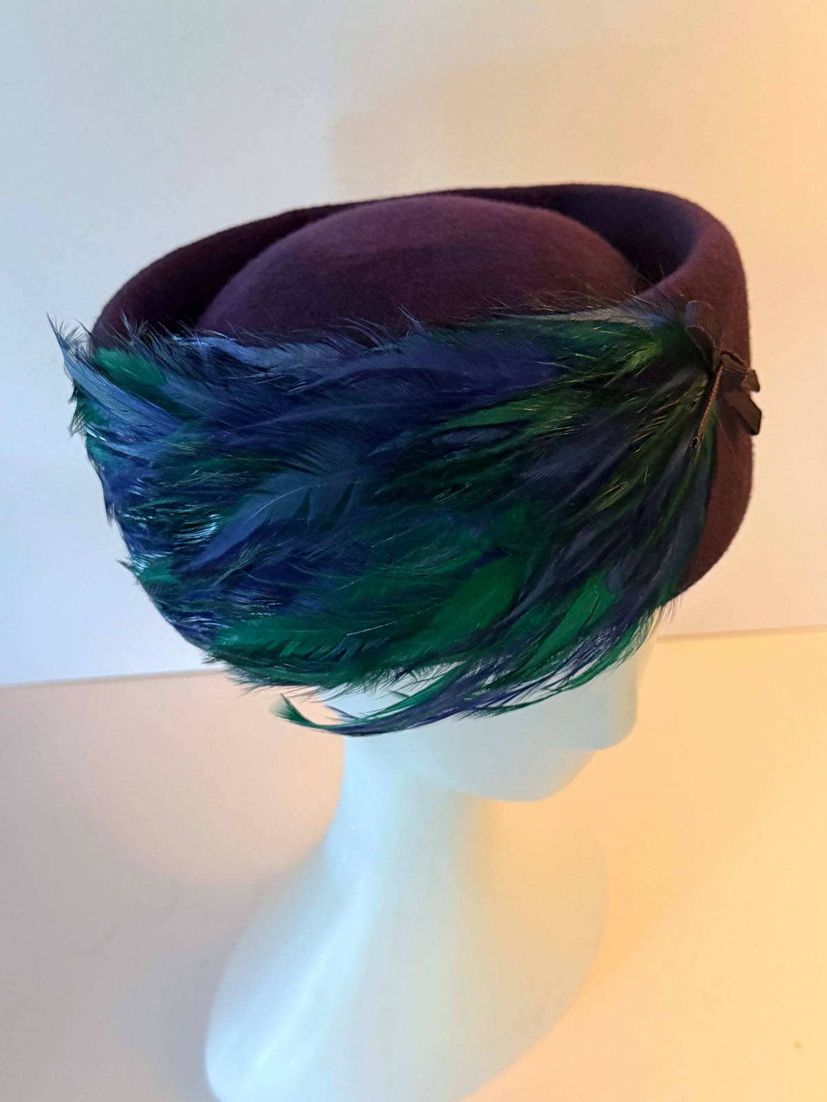 Vintage Gage Original Pillbox Hat 1950s Eggplant Wool Feather Cocktail Hat Blue