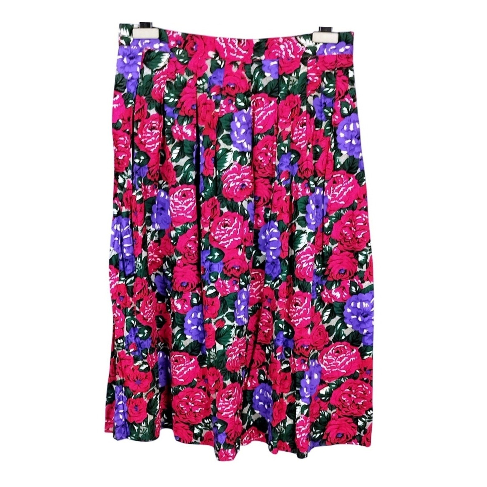 Vintage Koret Viscose Pleated Floral Midi Skirt Size 8 Pink Purple Rose Print