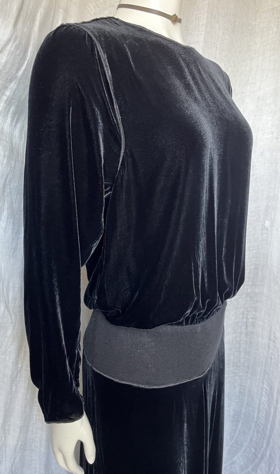 Vintage 70s Velvet Maxi Dress Black Drapey Blouson Boho Gothic Witchy 1970s Sml
