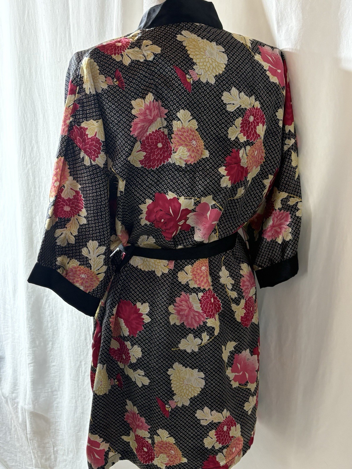 Vtg Sante Classics Robe & Nightgown Set Black Pink Floral Satin Lingerie Size Lg