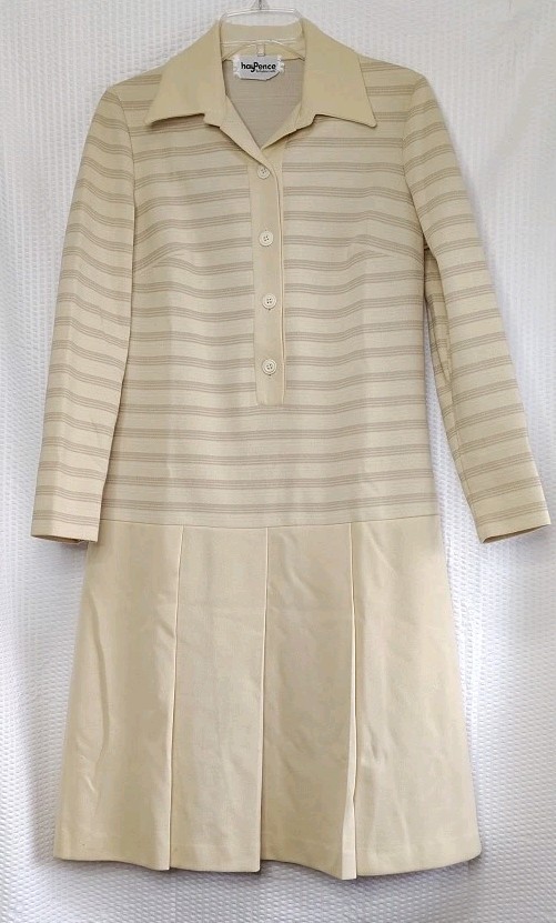 VTG HayPence Collared Long Sleeve Pleated Dress 70s Pale Yellow Knee Length LG