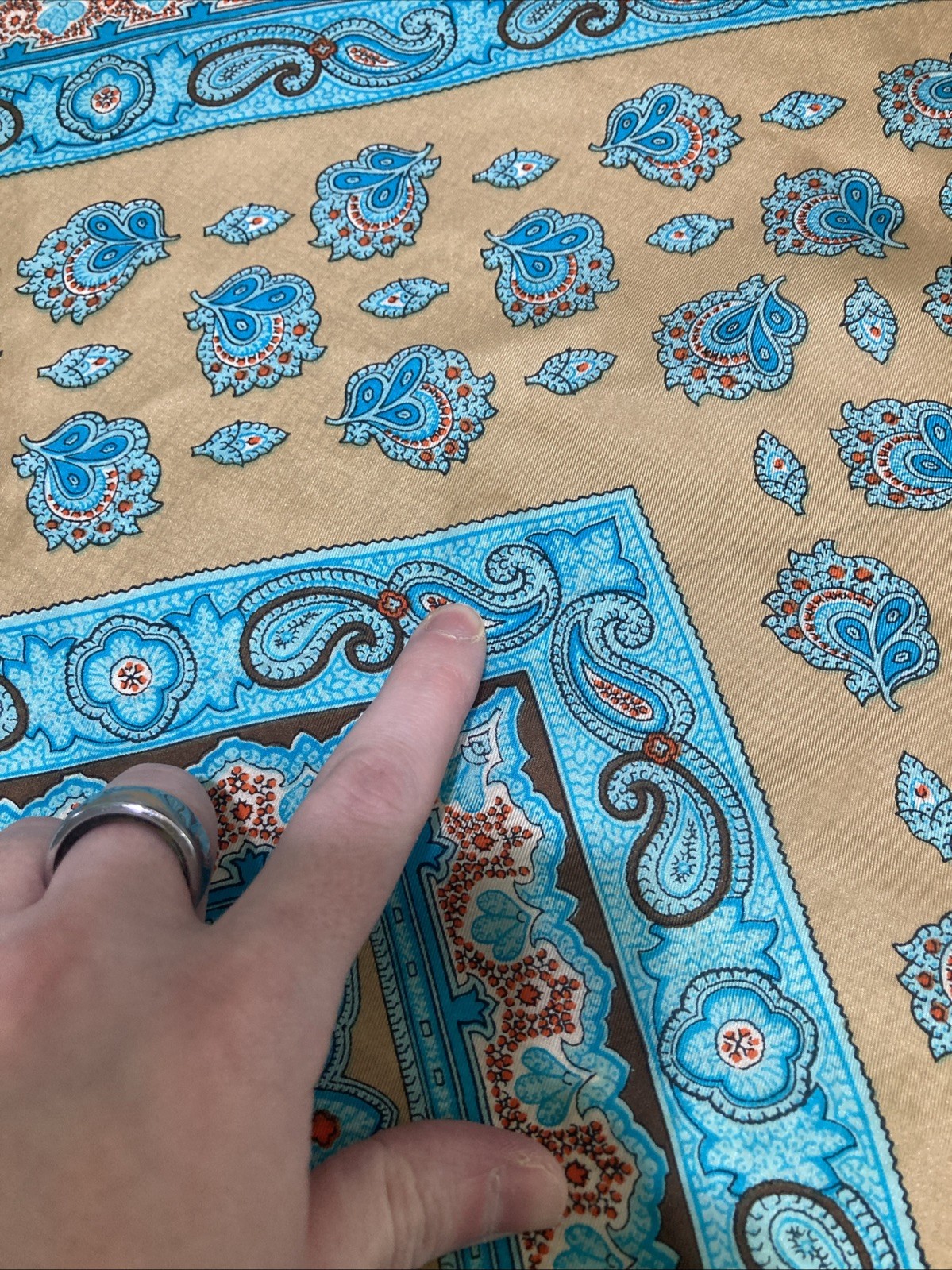 VTG 70s GLENTY Geometric Paisley Silk Scarf Blue Brown Hand Rolled Edge 22.5”
