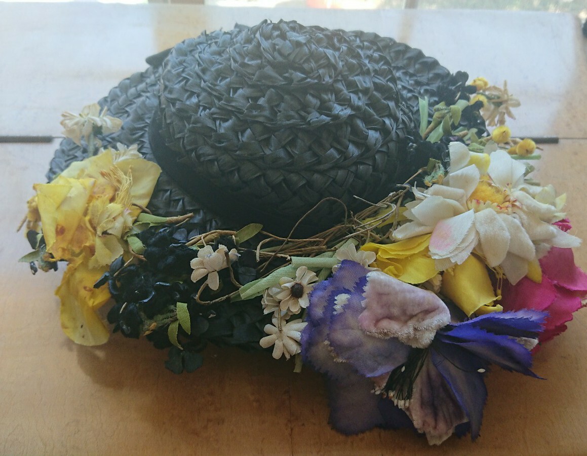 Vintage Leslie James Black Woven Dress Hat Flowers and ribbon 1950’s size 22