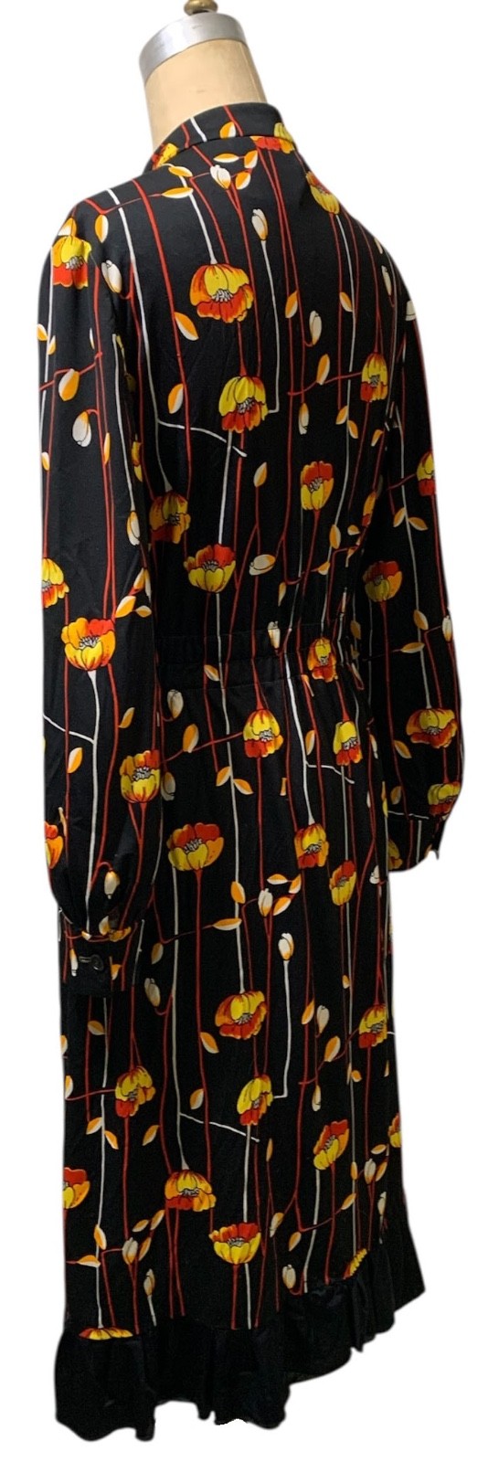 Vintage 70s Women’s LS Black Polyester Knit Floral Stripe Shirtwaist Dress Sz L