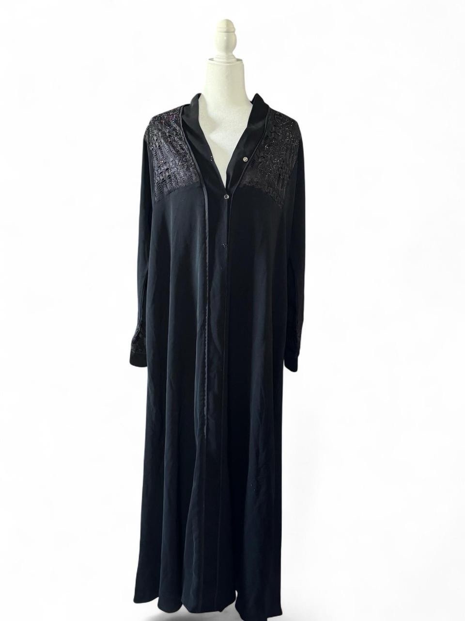 Vintage Black Beaded Lace Kaftan Duster Dress Kimono Sleeve Sz M