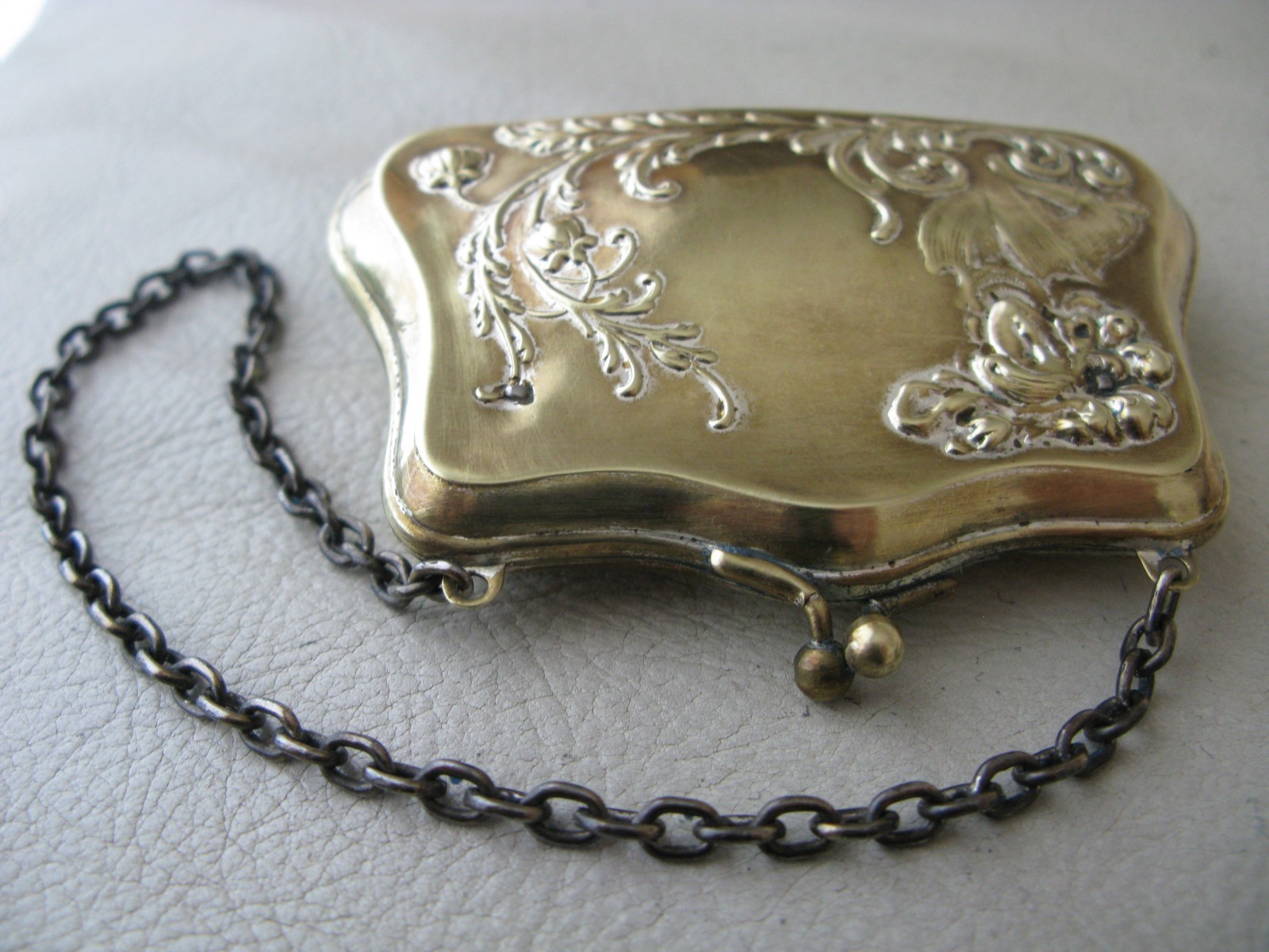 Antique Art Nouveau Woman Silver Metal Floral Lilly Blue Lining Card Case Purse