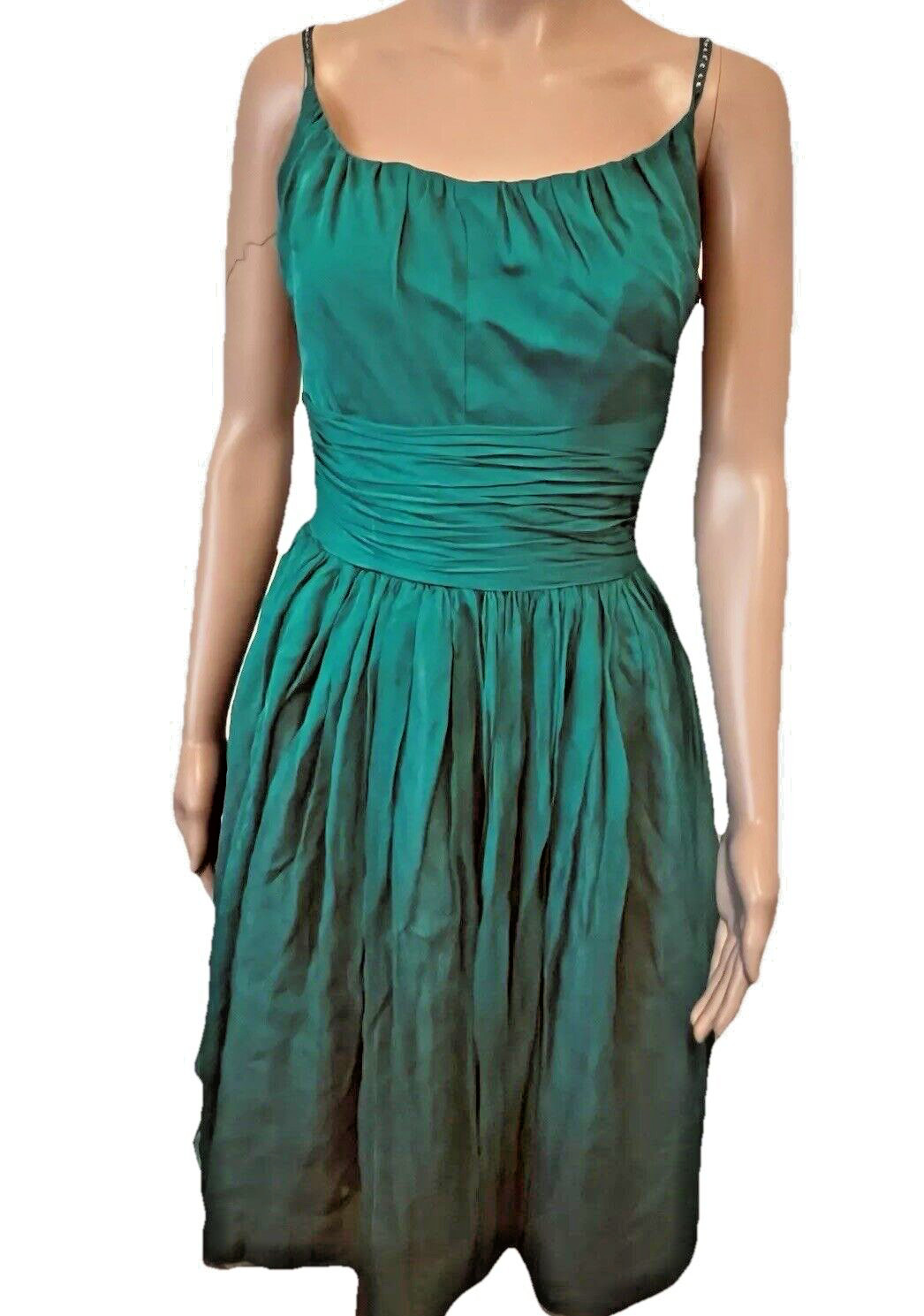 VTG 50s Emerald Green Cocktail Dress Bains Las Vegas Rhinestone Spaghetti Straps