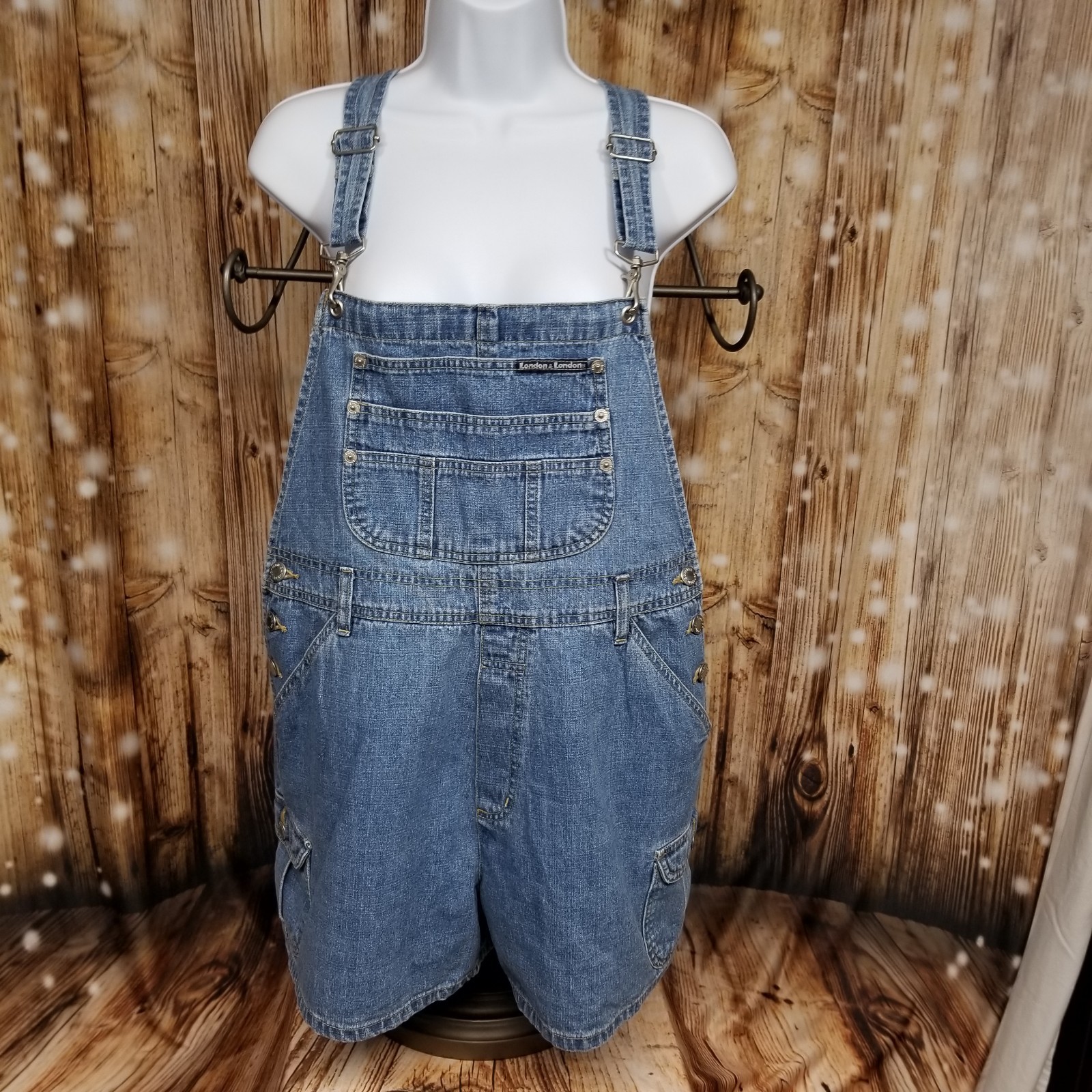 London & London VTG Women’s Lt Blue Wash Large Denim Shortall Cargo Bibs Shorts