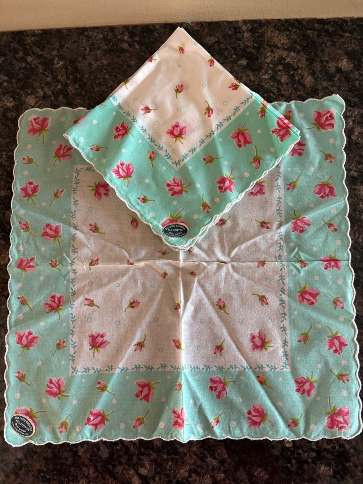 Lot of 3 LuRay Handkerchief Hankie Floral Roses Scalloped Edge New With Tag